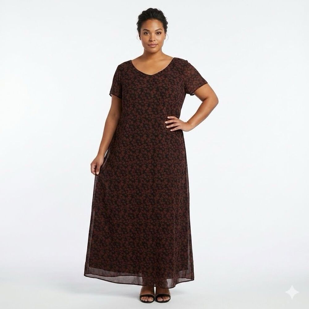 Positive Attitude Women's Floral Design A-line Brown Lined Maxi Dress Size 22